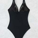 2026 Bikini solid color mesh halter sexy bikini one-piece swimsuit swimsuit