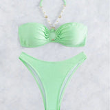 Sexy Solid Neck Ladies Beach bikini Ruched Bust Halter Bikini Swimsuit