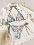 Contrasting Print Strap Sexy Bikini Split Swimsuit Batwing Short Sleeve Shirt W Plants Print