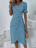 Slim-fit Women's Geometric Collage Bubble Sleeves Irregular hem Dress Sub Female Split Dress Summer Floral dress