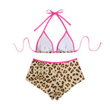 Women's Contrast Color Sling Leopard Print Bikini High Waist Shorts Swimsuit Set for Beachwear