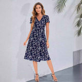 Vacation Wind ins Vintage Long Dress Small Floral Beach Summer Dress Women V Neck