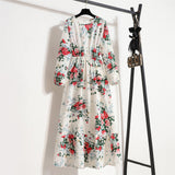 Spring and Autumn floral chiffon dress waist thin long sleeve round neck long printed skirt