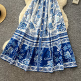 Blue Willow V-Neck Sleeveless Dress – Summer A-Line Maxi, Elegant Mandarin-Inspired Print