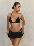 Lace Mesh Skirt Cover Up Strappy Halter Three Piece Bikini