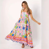 Printed shrinkage pleated splicing long suspender dress positioning flower pendulum skirt