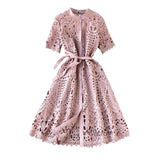 Hollow-Out Elegant Mandarin Collar Dress – Long Sleeve Lace Midi, Short Sleeve Button-Front Tie-Waist Gown