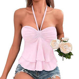 Sexy Lace Up Cross Sling Off-Shoulder Halter Pleated Ruffle Edge Solid Color Tube Top Drawstring Bust Tie Backless Halter Top