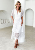 Dress skirt V-neck sexy waist solid color lace hollow dress
