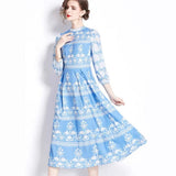 Vintage Blue Willow Print Mandarin Collar Dress - Lantern Sleeve Court Tie-Waist Flared Maxi Gown