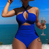High Waist Solid Color One Piece Sexy Backless Halter Swimsuit for Women