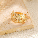 Luxury Leaf Texture Copper Inlaid Zircon Ring Gold Two-Tone Open Ring