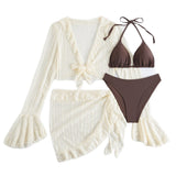 Long Sleeve Cover Up Triangle Apron Four Piece Bikini Lace Swimsuit Women's Swimwear Set