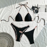 Plaid Trim Black Bikini Three Piece Swimsuit Separate Set Bikini Swimsuit Three Piece