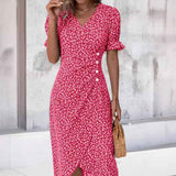 Slim-fit Women's Geometric Collage Bubble Sleeves Irregular hem Dress Sub Female Split Dress Summer Floral dress