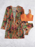 Sexy Mesh Bikini Three Piece Set Push Up Split Printed Swimsuit for Women