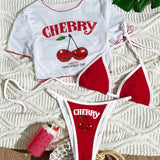 Women's Short Sleeve Slim Fit Two-Piece Swimsuit with Positioning Print Sexy Bikini Three-Piece Set