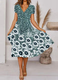 V Neck Bohemian Print Short Sleeve Dress - Flowy Casual Summer Dress with Elastic Waist