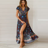 Women's Viscose Bohemian Printed Dress Vacation Beach Maxi Dress Casual