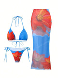 Apron Three Piece Bikini Vintage Print Long Skirt Swimsuit Women's Swimwear