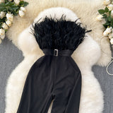 Premium Summer Gown – Socialite Style Feather Trim High-Waist Strapless Jumpsuit, Sexy Bodycon Romper