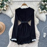 Pearl Buckle Lace Trim Dress – Black Tie-Waist Peplum Hem Mini, Elegant Cocktail Shift