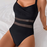 Solid Color One Piece Swimsuit Mesh Paneled Waist Cinching Slimming Tight Bikini