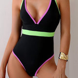 Women's Solid Color One-Piece Spaghetti Strap Swimsuit Hot Style Contrast Color Sexy Slimming