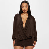Fashion sexy deep V long sleeve solid color waist and hip wrap dress