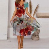 V Neck Bohemian Print Short Sleeve Dress - Flowy Casual Summer Dress with Elastic Waist