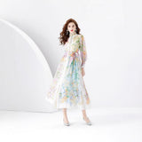 Early Spring Fashion Court Style Dress - Vintage Print Mandarin Collar Long Sleeve Flared Maxi Gown