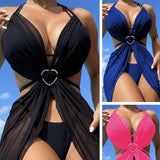 Solid Color Hollow Out Halter Bikini Three Pieces Swimsuit Women's Bikini Swimwear