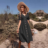 Women's Summer Short Sleeve Solid V-Neck A-Line Dress – Commuter Office Midi