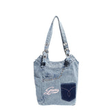 Washed denim shoulder bag, Spice girl sweet cool retro hobo bag, fashionable splicing shoulder bag, versatile hobo women's bag