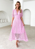 Dress skirt V-neck sexy waist solid color lace hollow dress