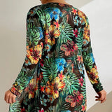 Sexy Mesh Bikini Three Piece Set Push Up Split Printed Swimsuit for Women
