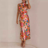 Sleeveless Strap Dress Slim Dress Satin Printing Temperament