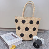 Raffia Black Polka Dot Embroidered Bag – Woven Shoulder Strap Large Summer Bucket Purse