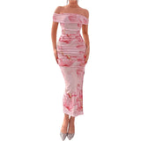 Women's Sexy Slit Bodycon Body-Hugging Printed Dress Pleated Maxi Skirt