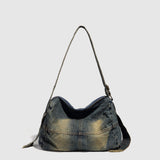 Washed old denim hobo bag, large capacity hobo shoulder bag, sweet cool babes shoulder Retro denim shoulder bag