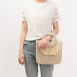 Beach Vacation Wooden Bead Bag – Handwoven Women's Travel Tote, Fringe Boho Handbag