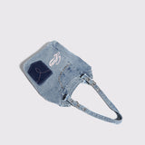 Washed denim shoulder bag, Spice girl sweet cool retro hobo bag, fashionable splicing shoulder bag, versatile hobo women's bag