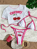 Women's Short Sleeve Slim Fit Two-Piece Swimsuit with Positioning Print Sexy Bikini Three-Piece Set