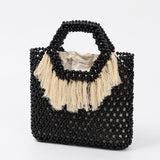 Beach Vacation Wooden Bead Bag – Handwoven Women's Travel Tote, Fringe Boho Handbag