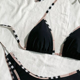 Plaid Trim Black Bikini Three Piece Swimsuit Separate Set Bikini Swimsuit Three Piece