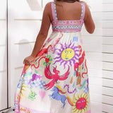 Summer Women's Casual Long Dress Suspender Printed High Waist Sleeveless Pendulum Dress