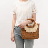 Beach Vacation Wooden Bead Bag – Handwoven Women's Travel Tote, Fringe Boho Handbag