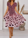 V Neck Bohemian Print Short Sleeve Dress - Flowy Casual Summer Dress with Elastic Waist
