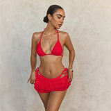 Lace Mesh Skirt Cover Up Strappy Halter Three Piece Bikini