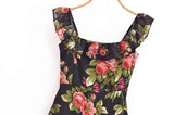 Slim and sexy side split waist mid-length dress, French retro square collar Print Chiffon Dress Bohemian dress